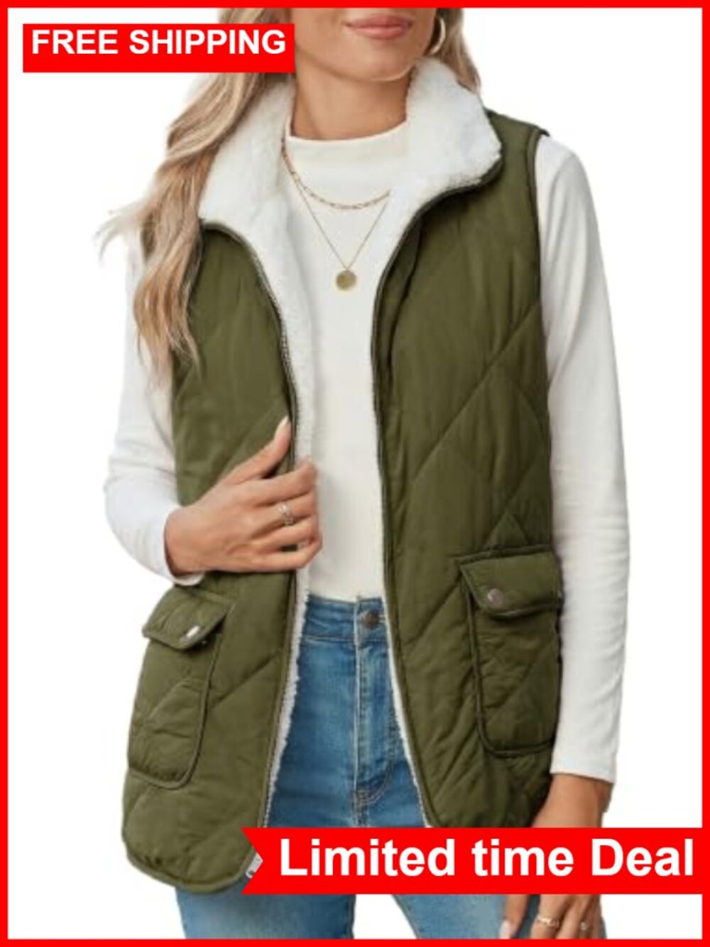 SHEWIN Women's Reversible Puffer Vest Sherpa Fleece Lined Zip Up Sleeveless